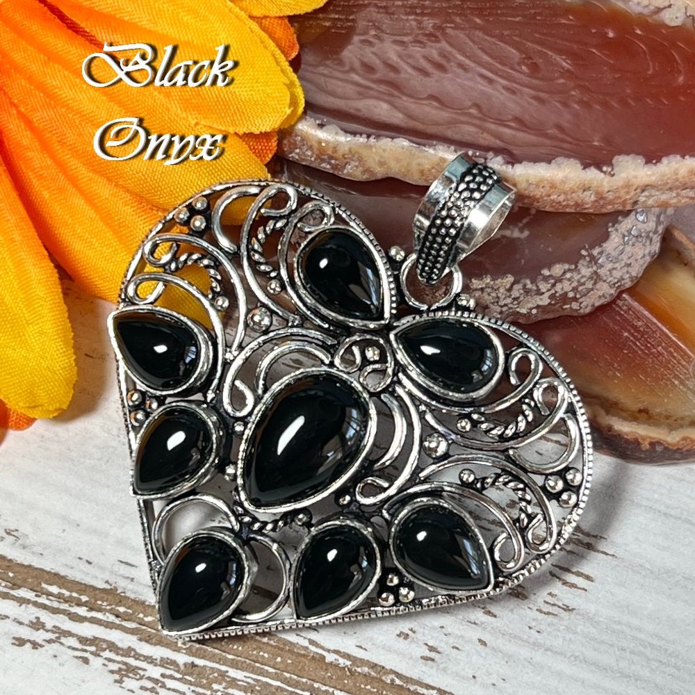 Heart Pendant Black Onyx Large Gemstone Handmade Statement 925 Silver Bohemian